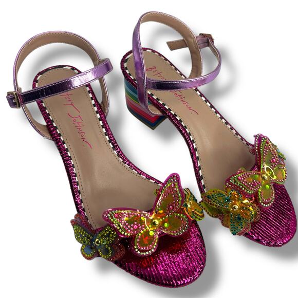 Betsey Johnson Rainbow Sequin Butterfly Heels Size 7 Pink Embellished Sandals - Picture 12 of 14